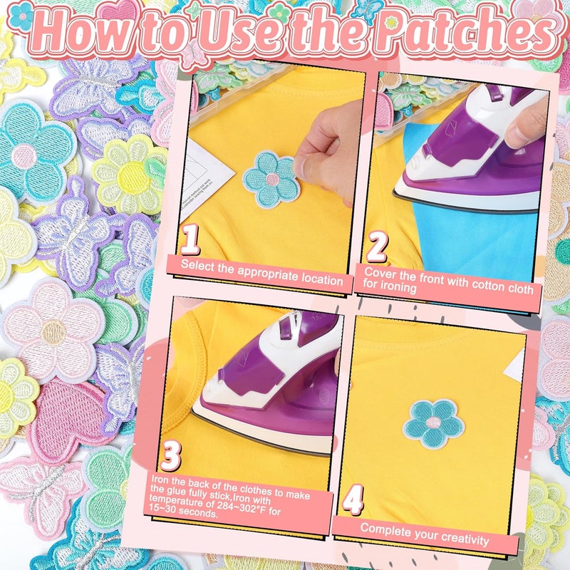 NICEVINYL Iron on Embroidery Patches Flower for Clothing: 100PCS Pastel Butterfly Heart Embroidered Patches - Cute Sew on Small Applique Patches for Fabric Jackets Jeans - Image 5